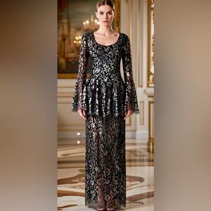 VTG ~ Peggy Jennings COUTURE Black & Silver Lace Gown